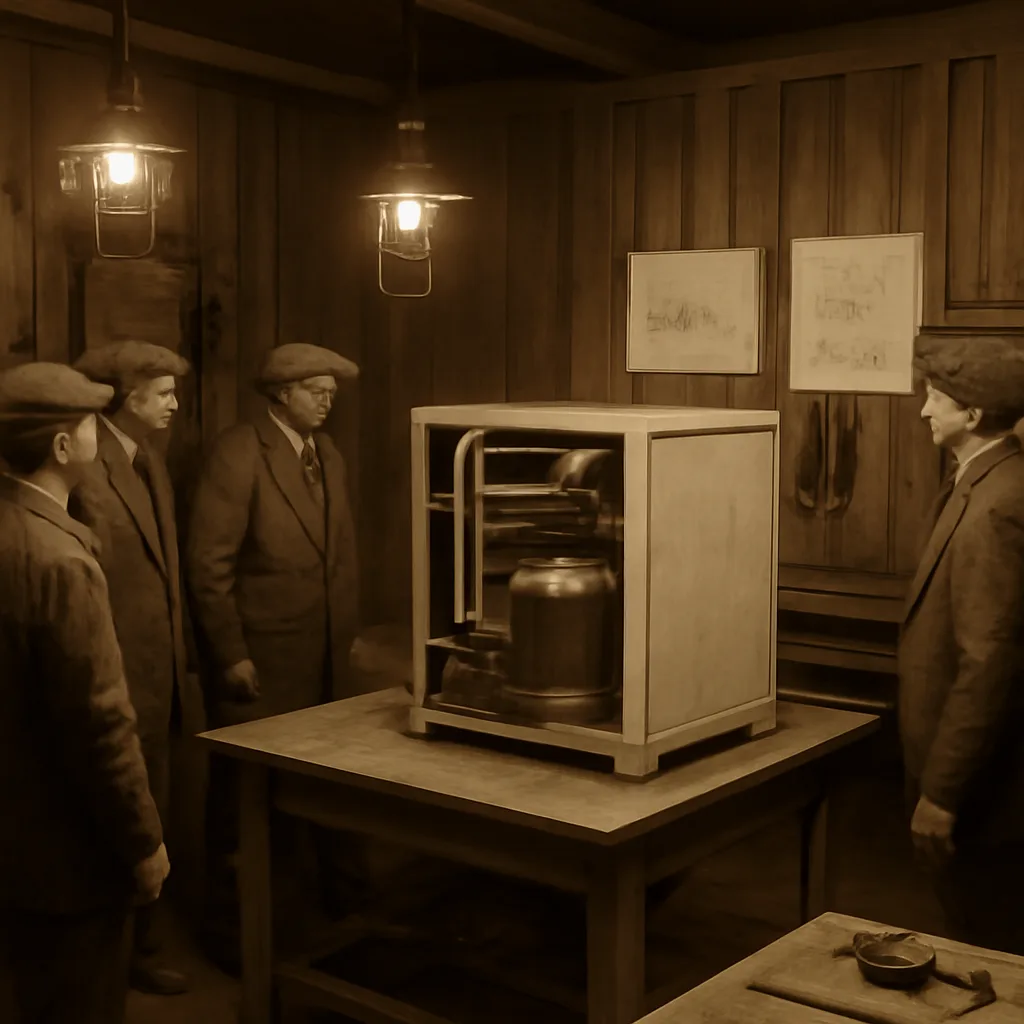 Early 20th-century demonstration of a mechanical refrigeration unit in a workshop or factory setting, showing a compact compressor, coils, and insulated cabinet with men in period work clothes observing.