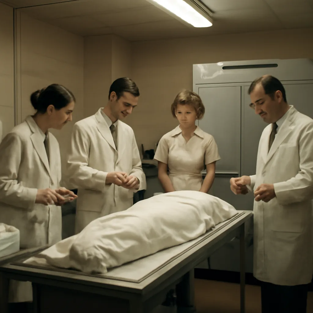 A 1960s-era hospital or laboratory room with medical equipment, an embalming table or cooled storage area, and people in period-appropriate clothing preparing a body for low-temperature preservation.