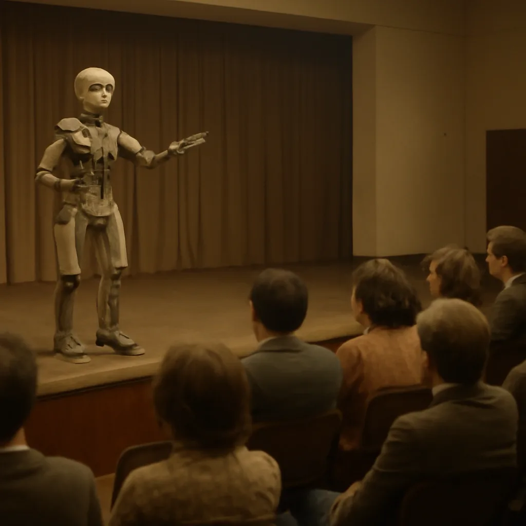 A 1970s-era humanoid robot on a simple stage performing limited arm and head motions before an audience, with visible wiring and mechanical joints.