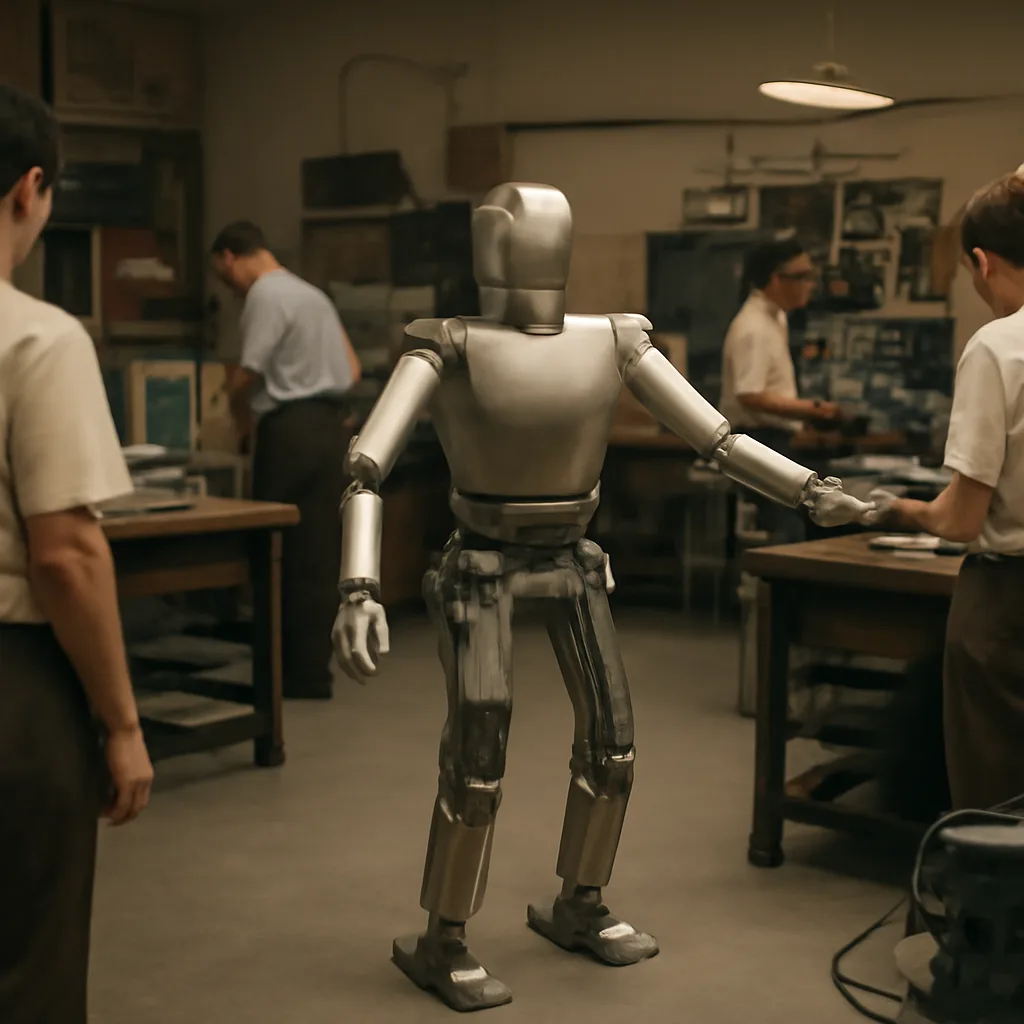 A 1970s laboratory scene showing a humanoid-shaped robot with torso and limbs performing simple movements amid engineers and equipment of the era.