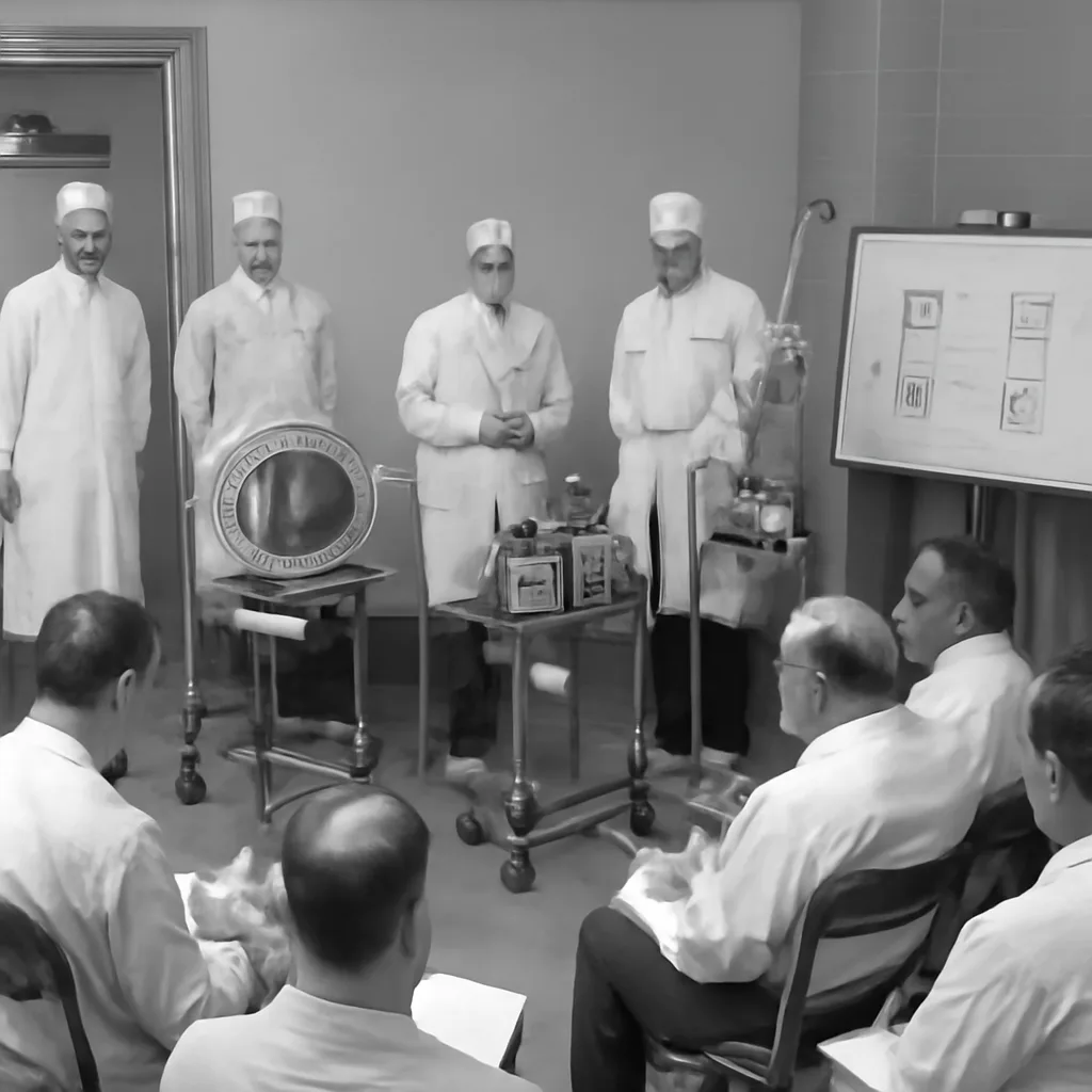 A 1950s hospital demonstration room with early extracorporeal equipment: a dialysis apparatus, tubing, and mechanical pumps on wheeled stands, with clinicians in period medical attire observing the devices.