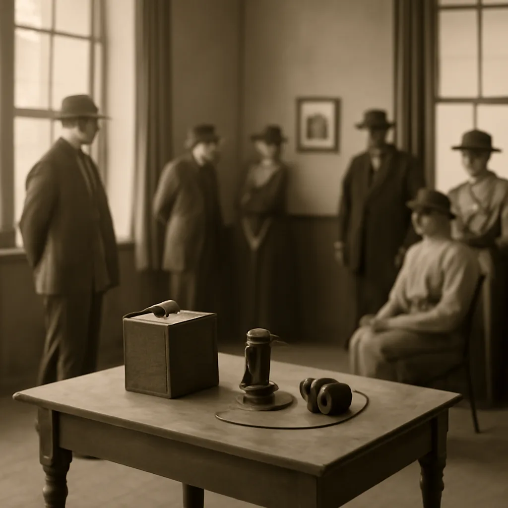 Early 20th-century demonstration scene showing a small tabletop electromechanical hearing aid with batteries and wired earpiece on a table, with attendees in period dress observing
