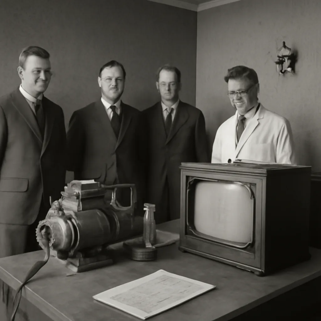 1939-era demonstration of an infrared night-vision viewing apparatus: a tabletop arrangement with an infrared lamp, cabling, and a cathode-ray display showing a dim scene, with men in period suits observing.