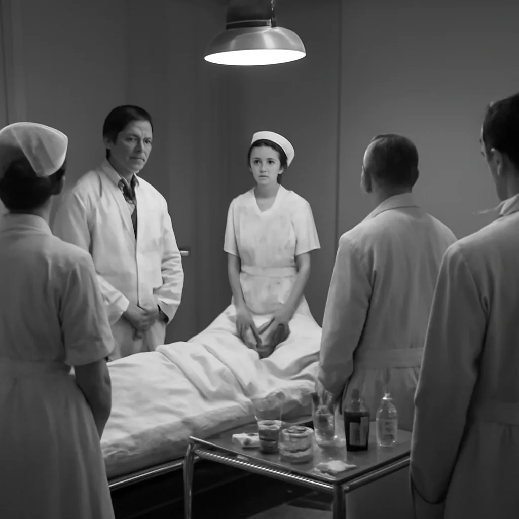 A 1940s hospital ward or clinical meeting room where medical staff observe a patient’s improvement after treatment; nurses in period uniforms, clinicians in suits or white coats, glass ampoules and early medical equipment visible.