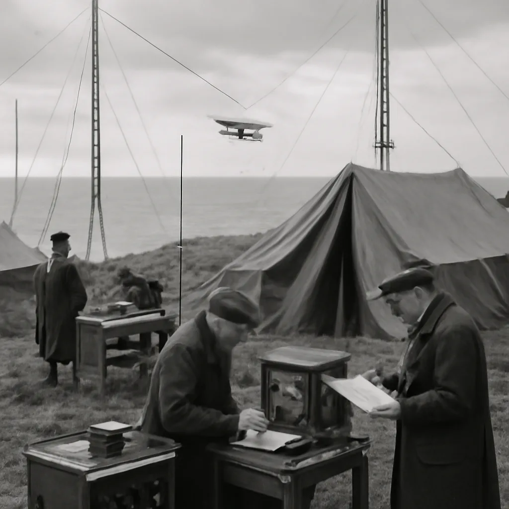 Researchers and experimental radio equipment at a 1930s British coastal research site demonstrating aircraft detection by reflected radio waves; antennas, transmitters and field tents visible.