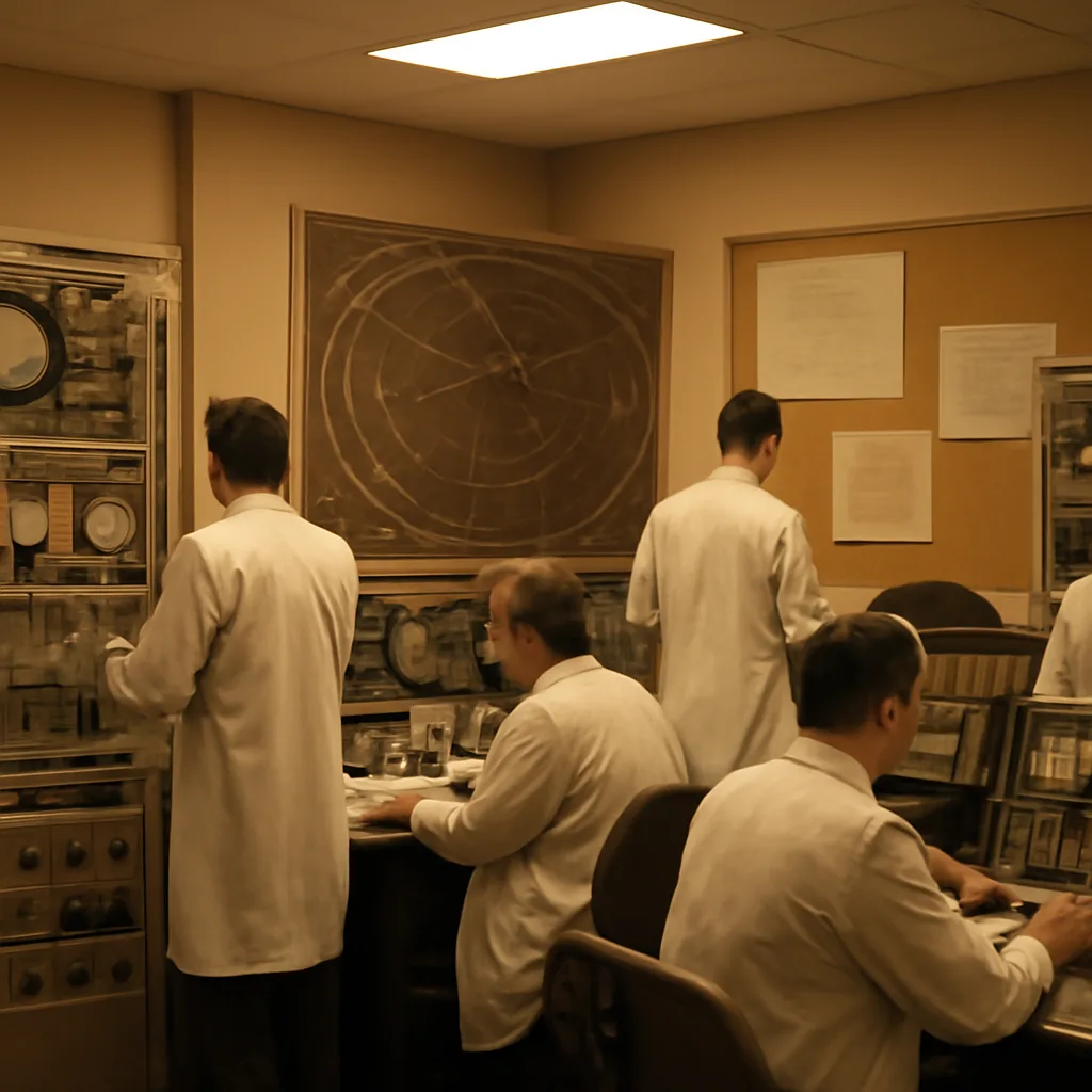 1960s-era laboratory or control-room setting showing radio receivers and oscilloscope-like equipment with engineers viewing charts and a schematic map of a satellite orbit on the wall.