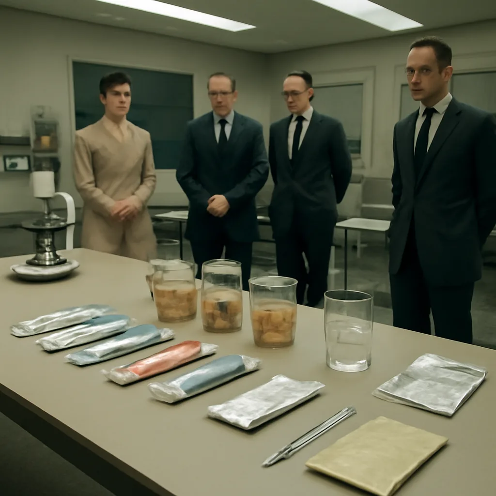 A 1960s-era table display of early space food: sealed tubes, small bite-sized cubes in jars, freeze-dried packets and resealable pouches, with mid-20th-century packaging and laboratory equipment in the background.