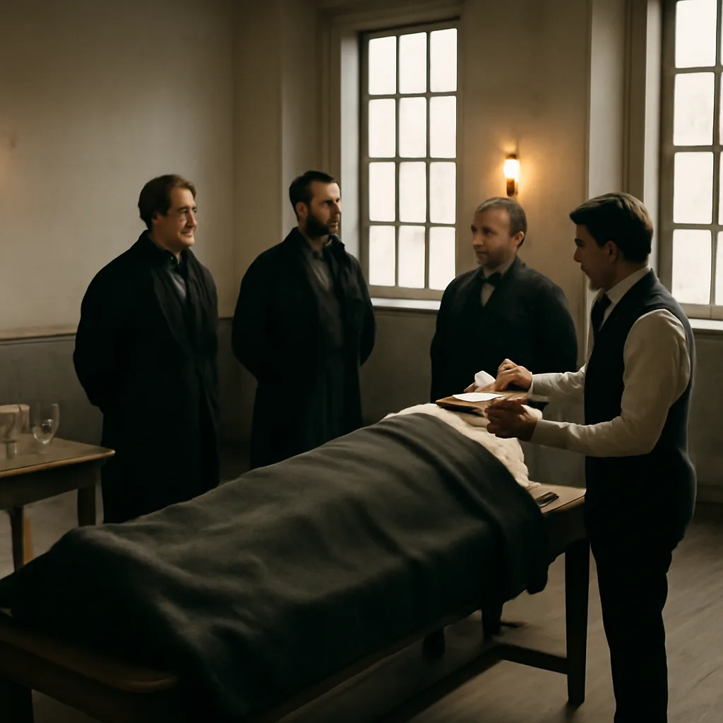 A 19th-century operating theater scene: a patient reclining on a wooden operating table surrounded by surgeons and an assistant administering inhaled ether from a glass vessel, with period clothing and medical instruments on a nearby table.