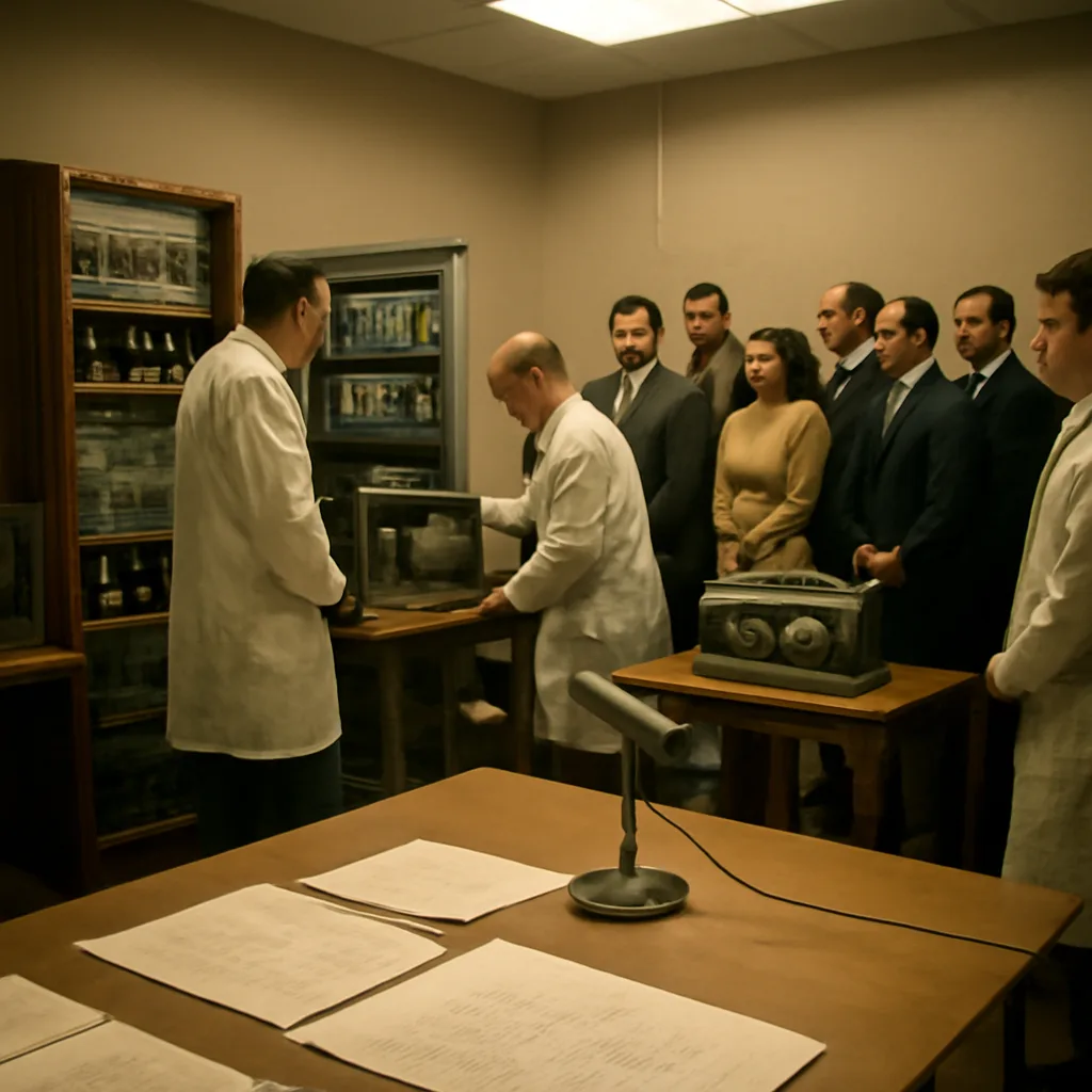 A 1960s laboratory room with early computer equipment, oscilloscopes, reel-to-reel tape machines, a tabletop microphone on a stand, and researchers in period-appropriate lab attire observing a demonstration.