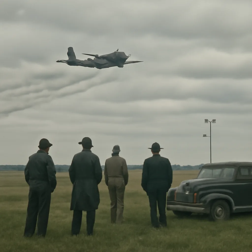 Mid-20th-century aircraft flying beneath layered clouds releasing smoke trails during a daytime cloud-seeding demonstration, with observers and simple meteorological instruments on the ground.
