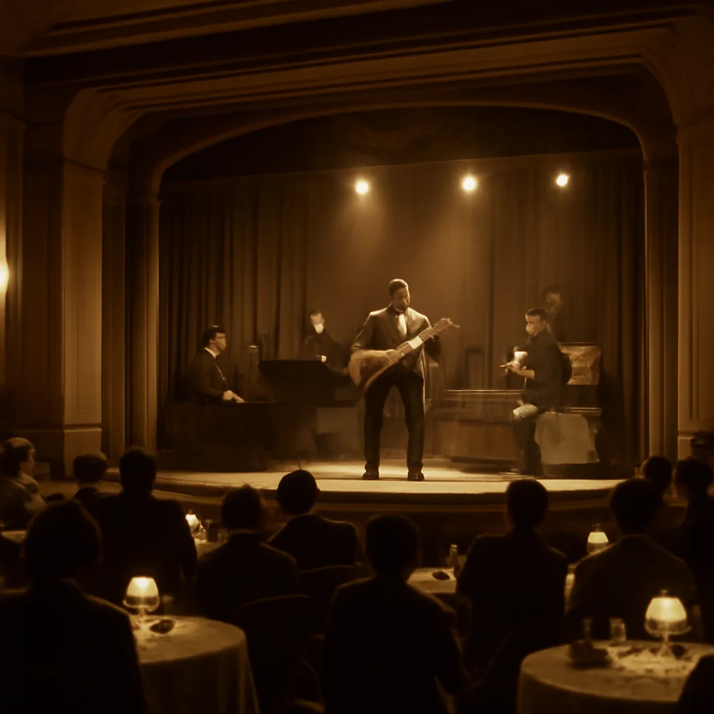 A 1930s concert stage in Los Angeles with a guitarist playing an amplified hollow-body guitar connected by cables to a standalone amplifier; musicians and a small audience in period dress are visible under stage lights.