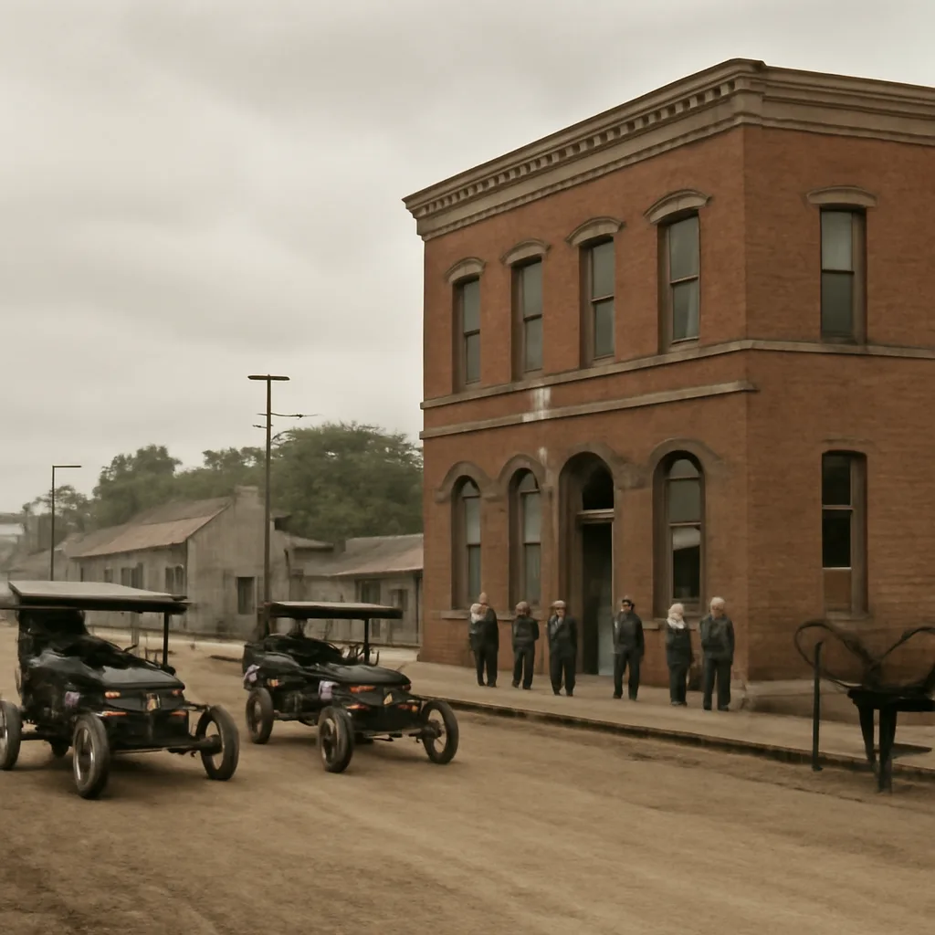 Early 20th-century main street of a small Kansas town with two open-top automobiles parked near a brick bank building and a few bystanders in period clothing.