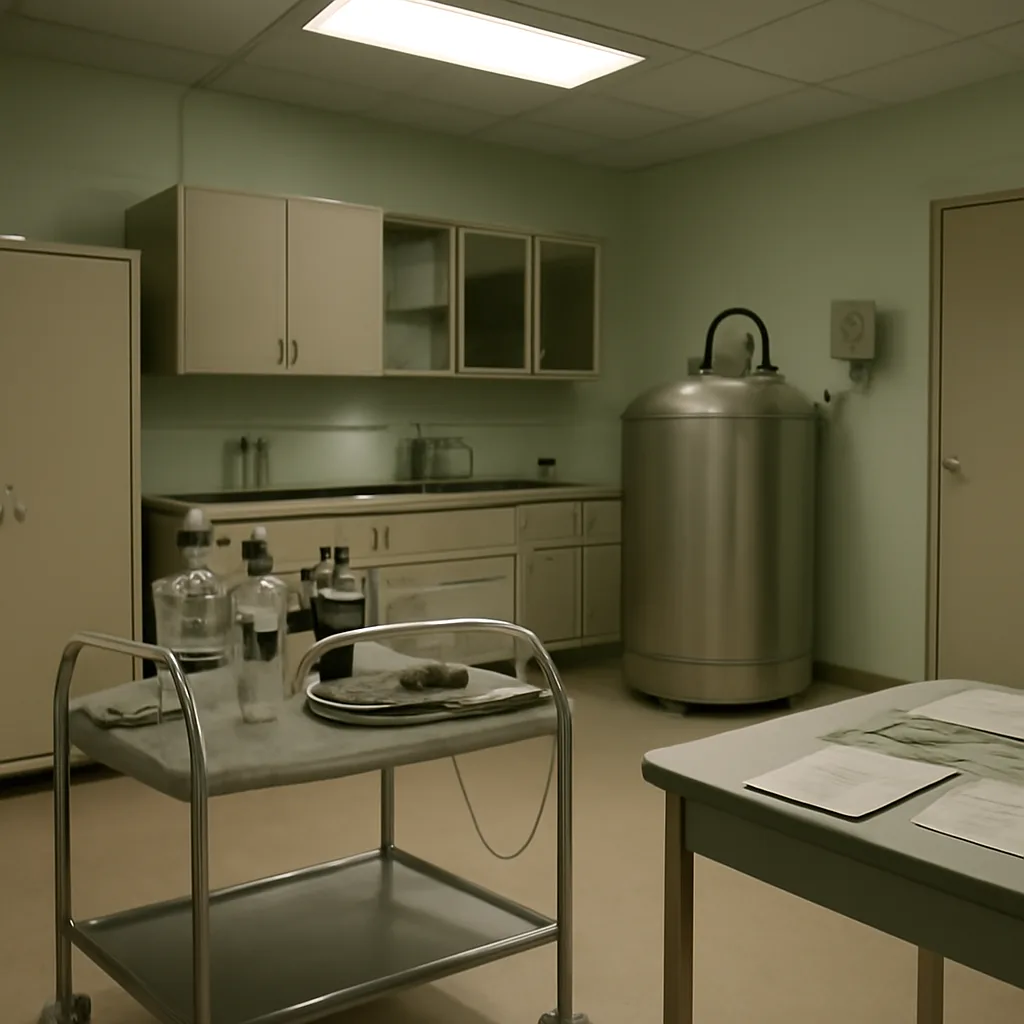 A clinical lab-like room in the 1960s with equipment for low-temperature work: stainless steel trolley, simple perfusion tubing, glass bottles labeled laboratory reagents, and a large cylindrical cold-storage vessel; no identifiable faces.