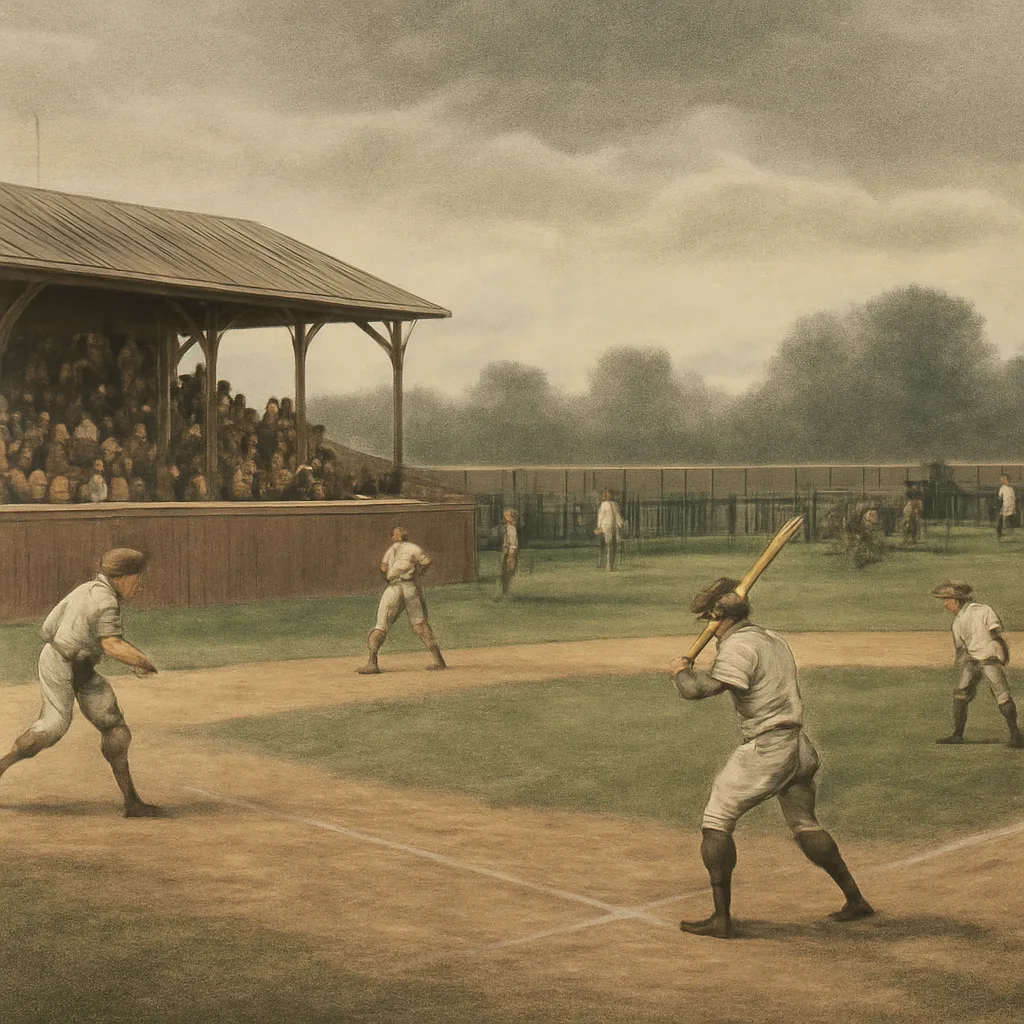 Late 19th-century baseball field with players in period uniforms, wooden grandstand, and spectators in 1870s attire.