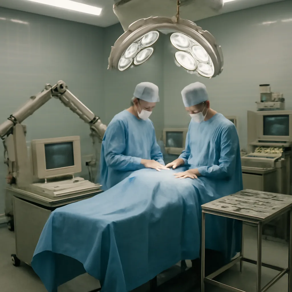 Operating room in the mid-1980s showing a surgeon and an assistant working with a computer-controlled mechanical arm beside an operating table, surgical instruments and a CRT monitor visible.