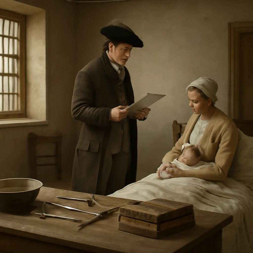 Late 18th-century clinical scene: a modest interior with physician’s instruments on a wooden table, medical texts, and a mother resting in bed with an infant; no identifiable faces.