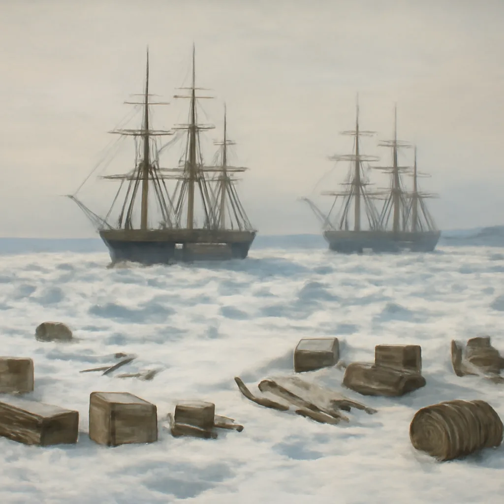 Two 19th-century Royal Navy ships trapped in Arctic pack ice near a frozen shoreline with a low, pale sky; scattered wooden crates and sledges on the ice in the foreground.