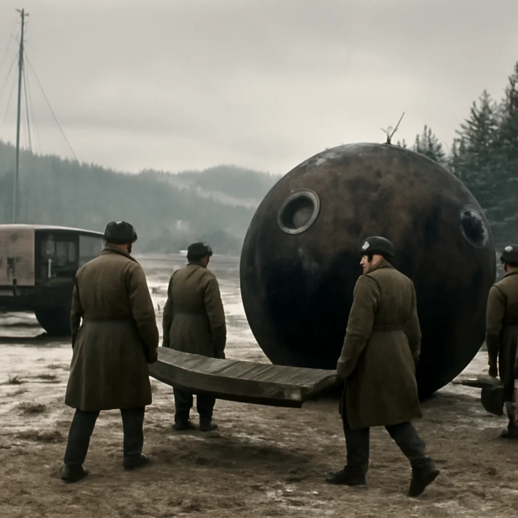 Voskhod 2 descent module in mid-1960s Soviet recovery area; a small spherical reentry capsule on snowy ground with recovery personnel and equipment nearby.