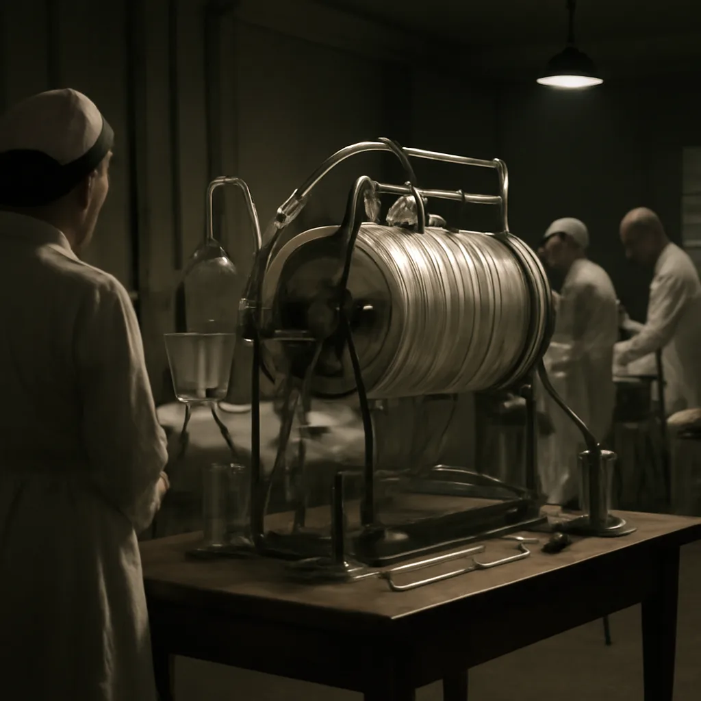 Wartime-era treatment room with a wooden drum dialysis device made from cellophane tubing and simple metal containers on a table, surrounded by medical staff and basic equipment.