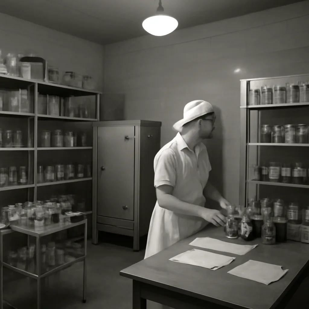 A 1930s hospital blood bank room with glass-topped storage cabinets, refrigeration units, labeled glass bottles or early collection containers, a nurse or technician in period medical attire handling supplies; institutional interior in subdued lighting.