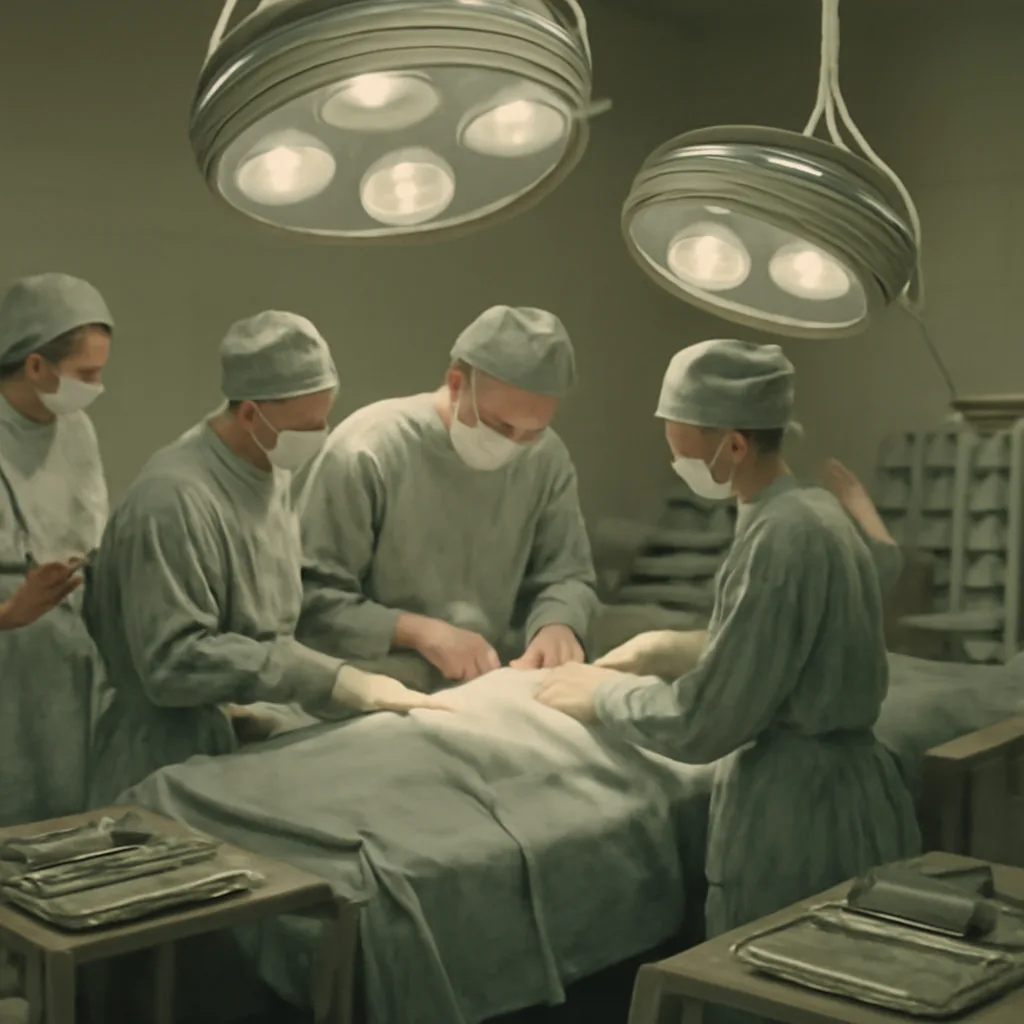 Operating room in the early 1960s: surgical team around an operating table with early surgical instruments and overhead lights, no identifiable faces.