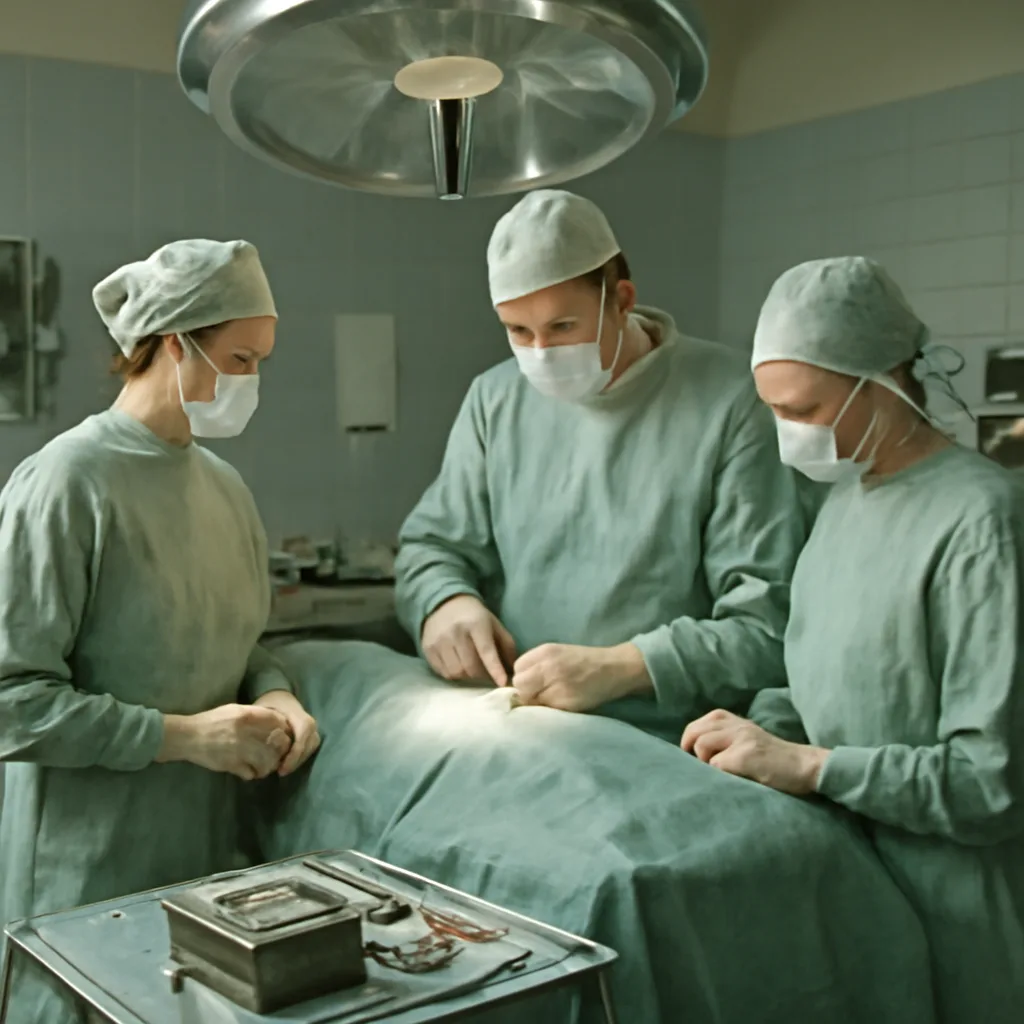 Operating room in 1950s Stockholm with surgeon and assistants around an operating table, surgical instruments and an early pacemaker unit on a tray, and clinical monitoring equipment of the era.
