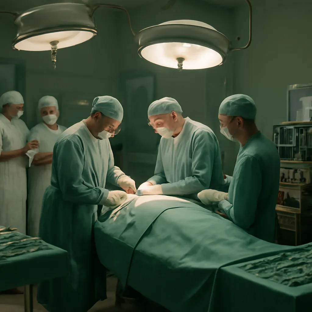 Operating room in the 1950s showing surgical team around an operating table with medical equipment of the era; sterile drapes and surgical instruments visible, no identifiable faces.