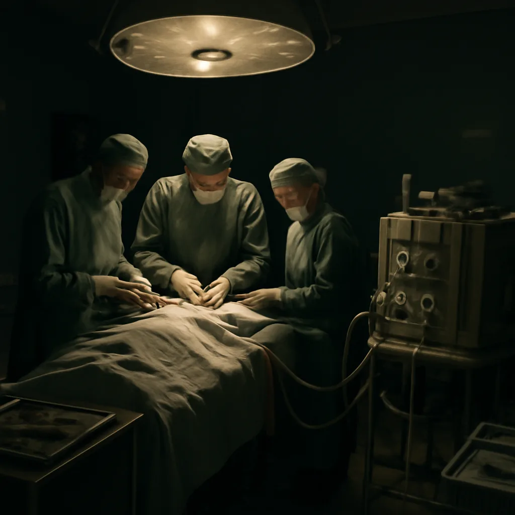 Operating theatre in the early 1950s showing surgeons and assistants around an operating table with a bulky pump-oxygenator machine and tubing visible, staff in period surgical attire.