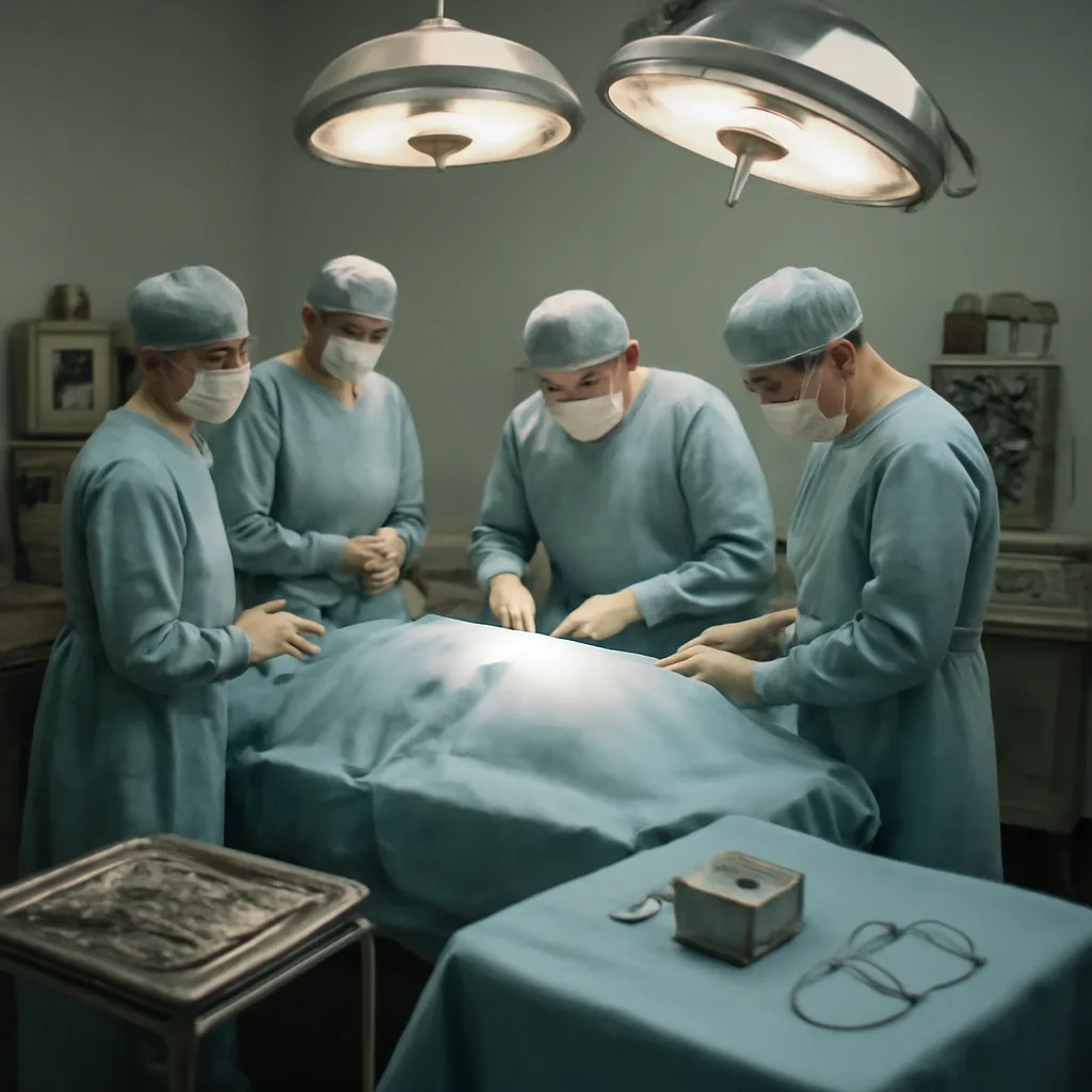 Operating theatre in late 1950s hospital showing surgeons and nurses around an operating table with early medical equipment and a small early pacemaker device on a tray; clinical scene, period-appropriate clothing and instruments.
