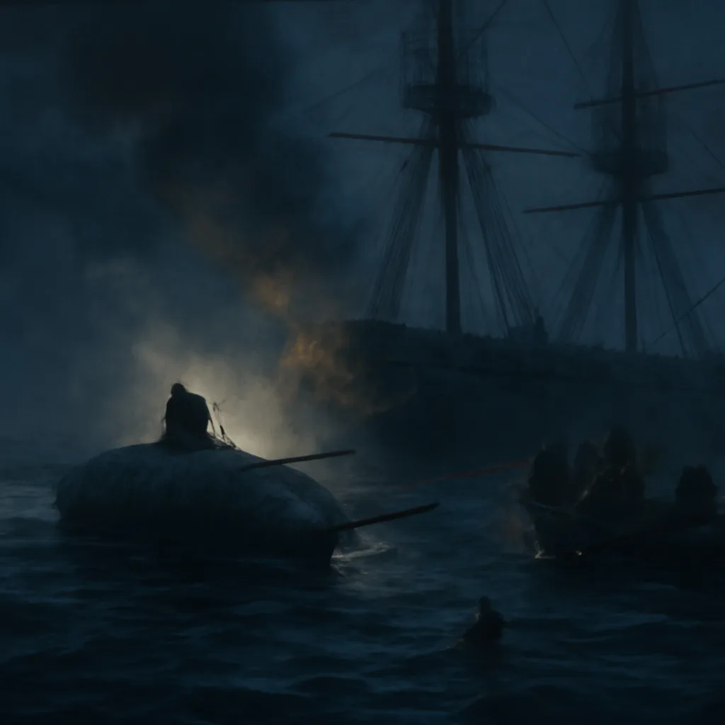 The Confederate submarine H. L. Hunley approaching a Union sloop off Charleston Harbor at night; small wooden warship sinking with waterline damage, sailors in the water and boats nearby.