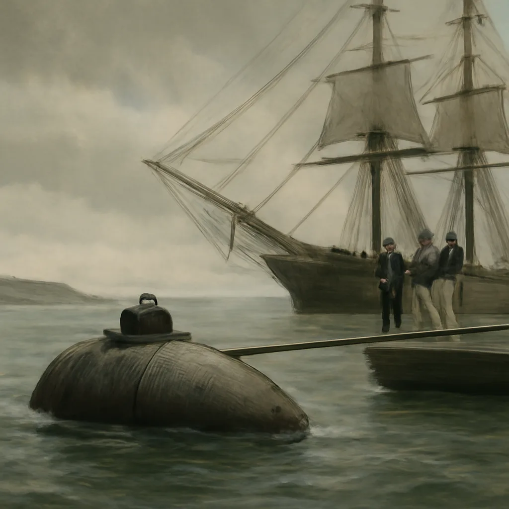 19th-century hand-powered submersible near a wooden sailing warship, with sailors in period naval uniforms on deck; overcast sky, choppy water.