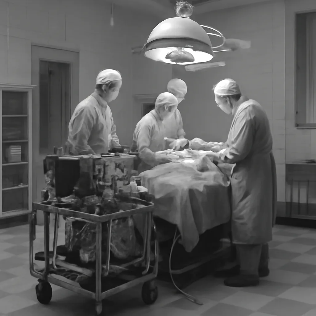 1950s operating theater with surgical team around an early heart–lung perfusion setup: pumps, tubing, and an oxygenator on a wheeled cart; clinicians in period surgical attire; no identifiable faces.