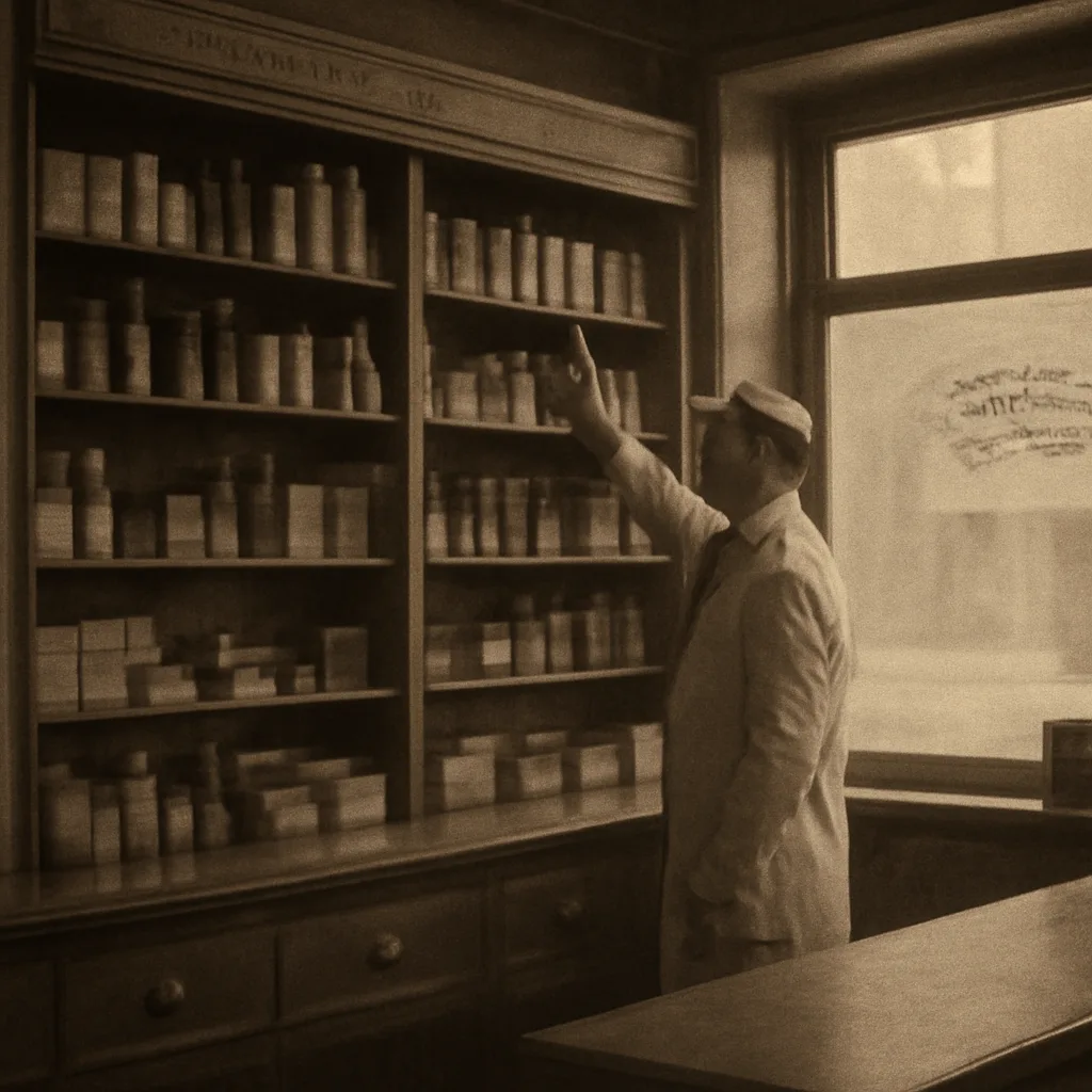 Black-and-white 1930s-era pharmacy counter with boxed patent medicines on shelves and a pharmacist removing a bottle from display