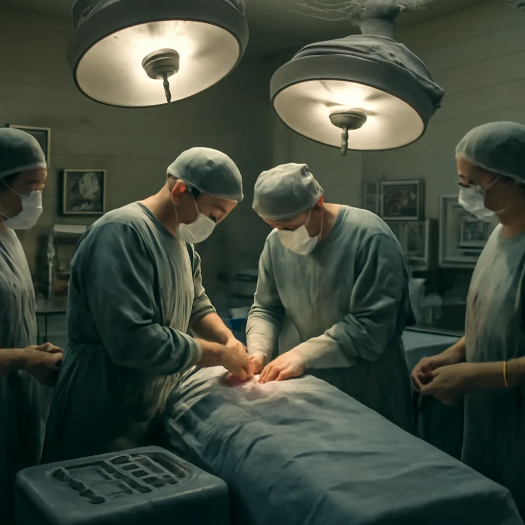 Operating theater in the 1960s showing a surgical team performing an open-heart procedure with period-appropriate surgical gowns, drapes, and early cardiac equipment.