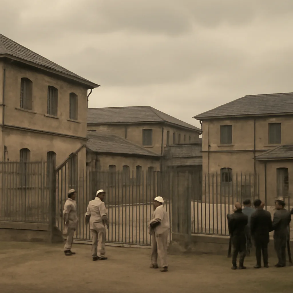 Early 20th-century colonial prison exterior and yard in Port of Spain, Trinidad; uniformed colonial officers and onlookers at a distance, no identifiable faces.