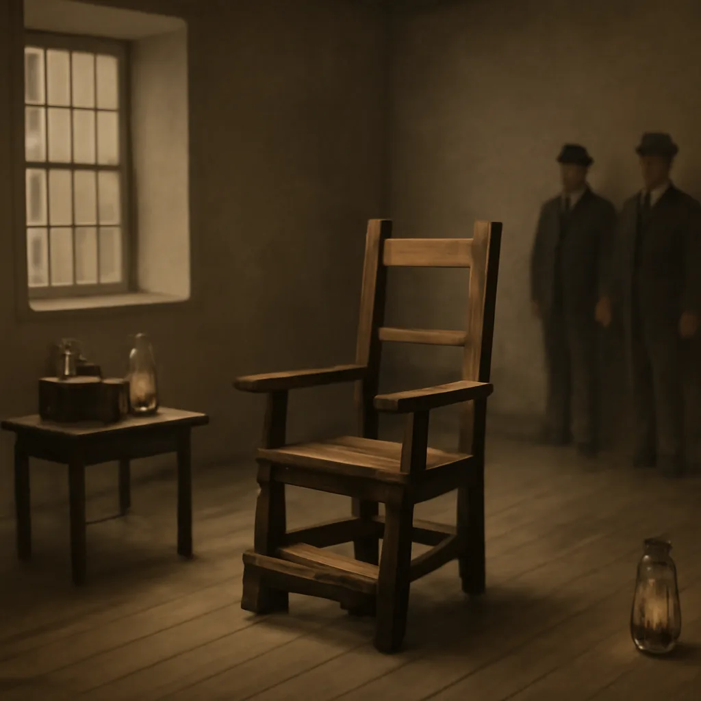 A late 19th-century prison interior showing a wooden chair and simple electrical apparatus set up in a sparsely furnished room with officials present; period clothing and lantern light suggest the 1890s.