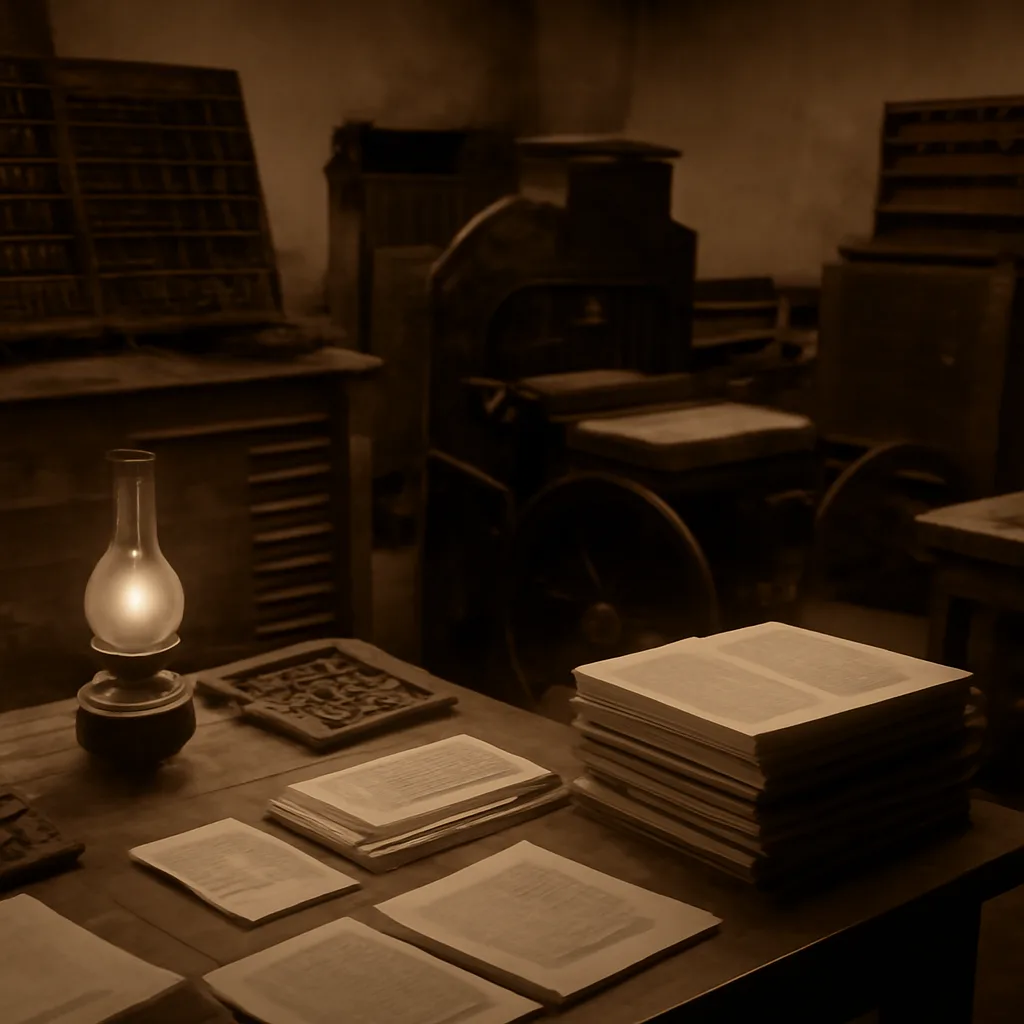 Early 20th-century German printing press machinery and stacks of newly printed book pages, with a period desk lamp and typesetter tools, evoking a 1920s Munich publishing house.