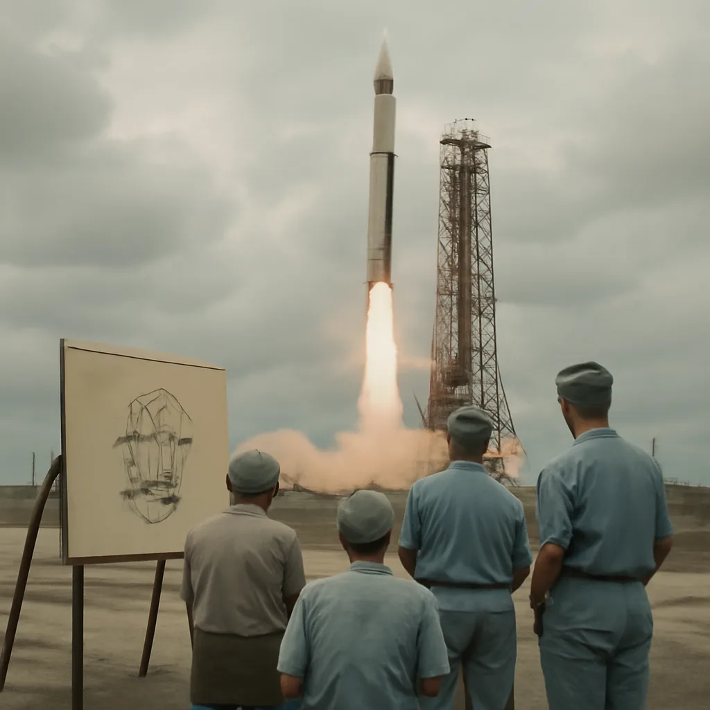 TIROS-1 satellite schematic and a black-and-white television-style image of Earth's cloud cover as seen from early satellite photography.