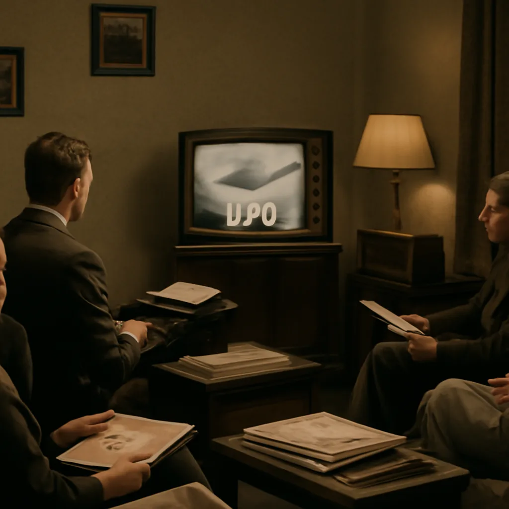 Archive-style newsroom scene: 1950s–1960s era reporters and a typewriter-strewn desk surrounded by stacks of newspapers headlined with UFO coverage; no identifiable faces.