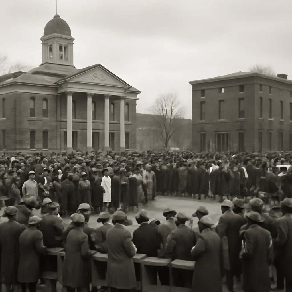 Crowd gathered outside the Daviess County jail in Owensboro, Kentucky, in January 1928, near the county courthouse and jail where the execution took place.
