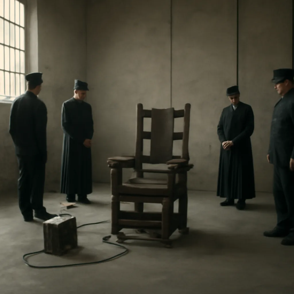 A 1920s prison execution chamber with an electric chair, officials in period attire, and barred windows; somber, historically accurate scene without identifiable faces.