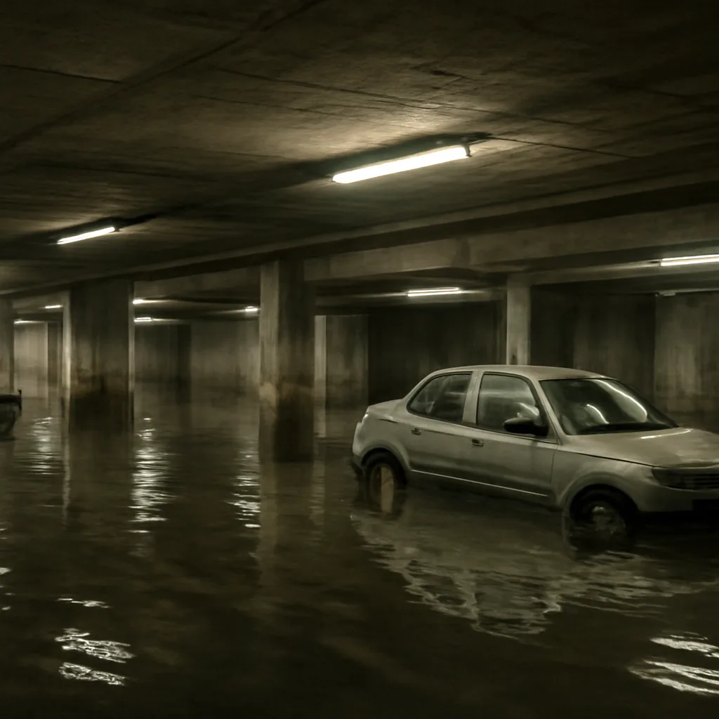 An underground parking garage partially submerged under floodwater with ripples on the water surface; parked vehicles and concrete pillars visible above the water line.