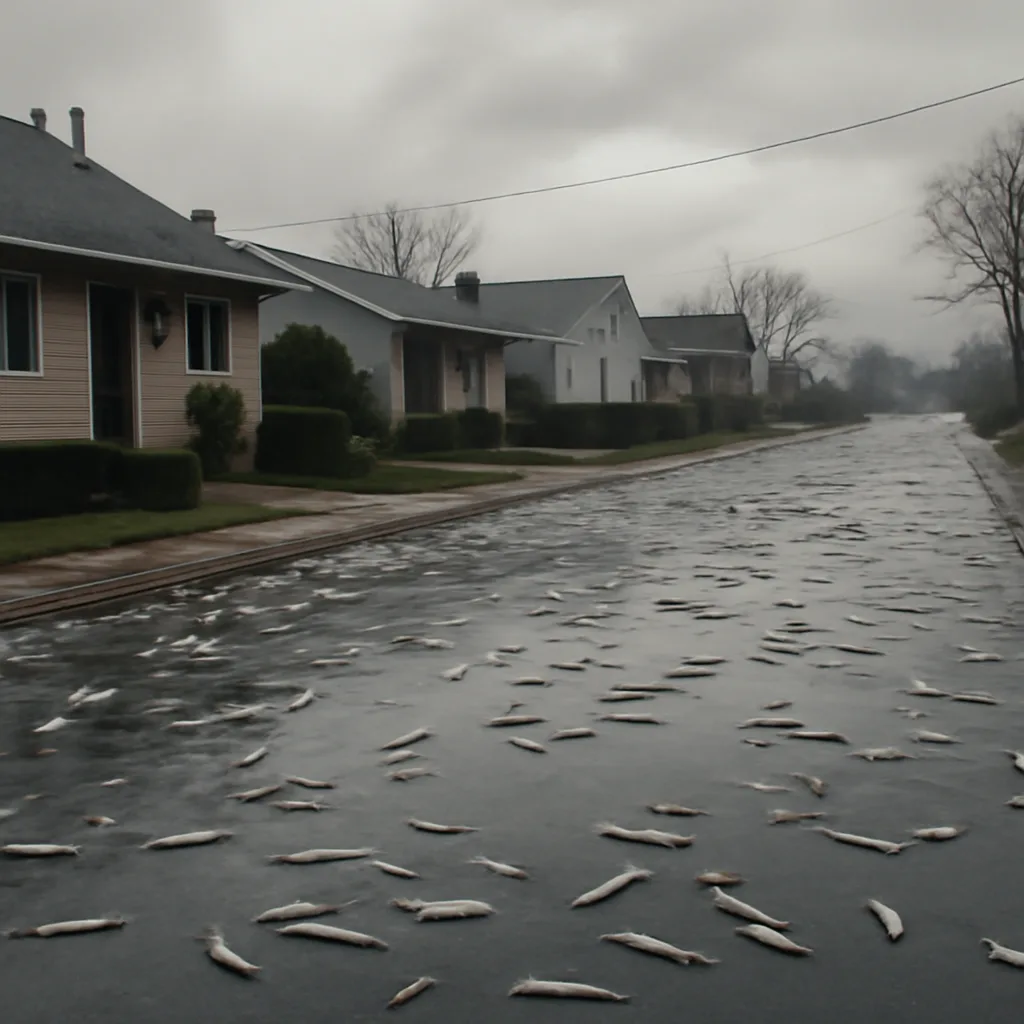 Wet small fish scattered on a suburban street after heavy rain, with storm-damp pavement and overcast sky.