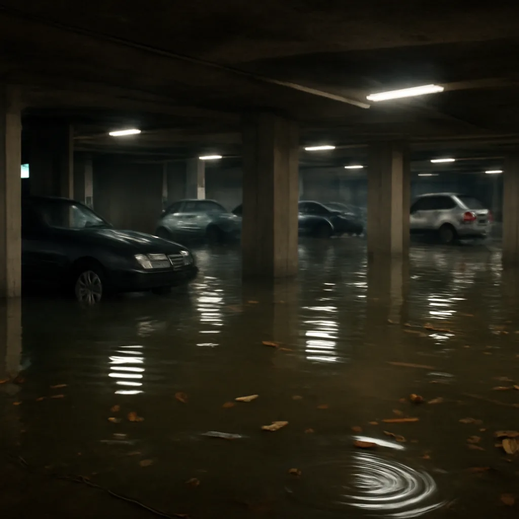 Flooded underground parking garage with standing water ankle- to waist-deep and several small fish visible near the water surface among parked cars and concrete pillars.