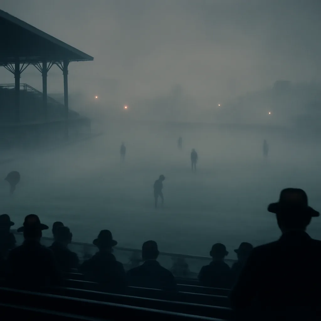 Early 20th-century wooden baseball stadium under heavy fog, indistinct figures on the field and very limited visibility to the outfield stands.