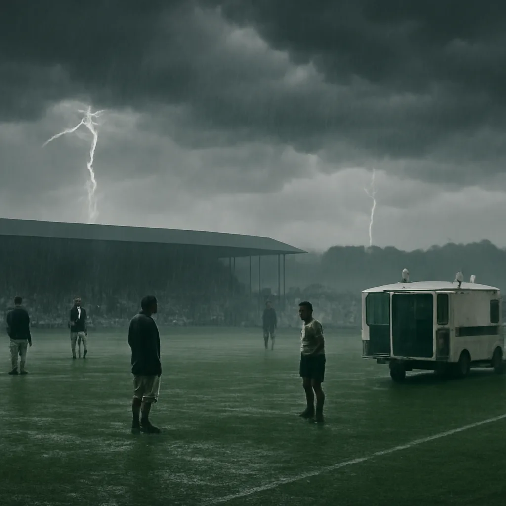 Outdoor football pitch in heavy rain and low clouds, players and officials standing at a distance from one another with an ambulance at the touchline.
