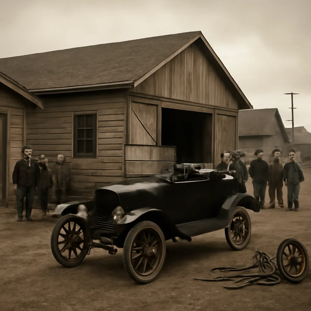 Black early 20th-century automobile (Ford Model T) parked in front of a simple wooden building with workshop tools nearby; men in period clothing stand at a respectful distance.
