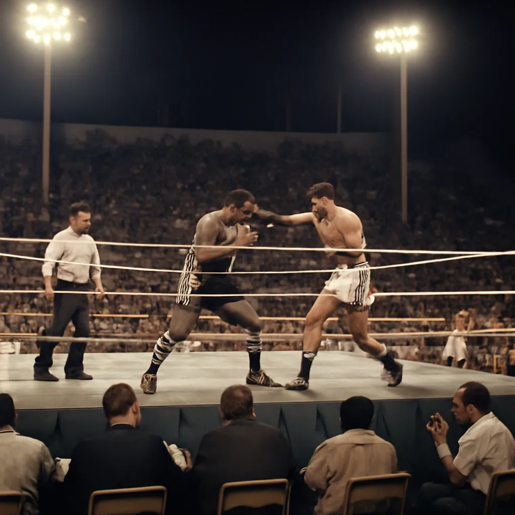 Historic boxing ring in a packed stadium in the early 1970s, with a boxer delivering heavy blows to an opponent near the ropes while the referee looks on and the crowd watches.