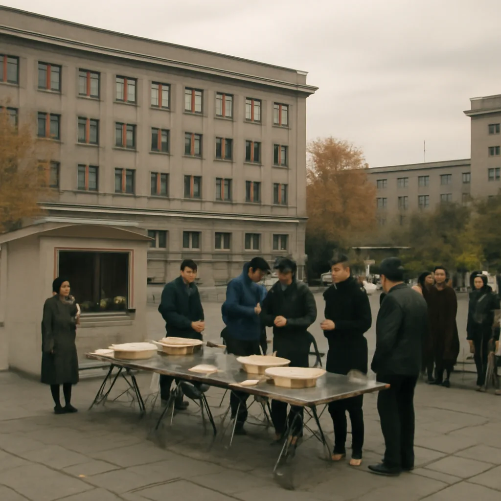 Officials and citizens in urban East German setting during late-1980s/1990 transitional period, with government buildings and flags; scene shows administrative activity and public attention without identifiable faces.