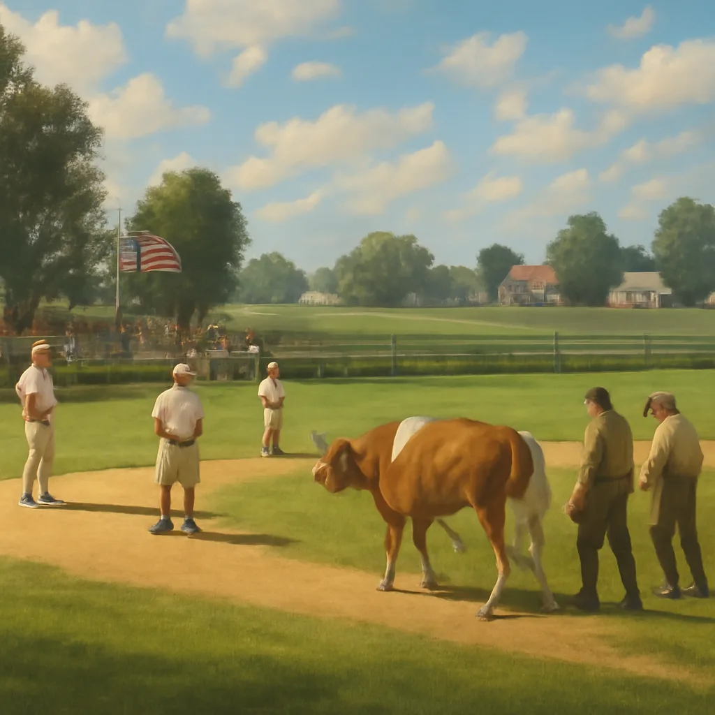 A baseball field paused during a Fourth of July game as a cow stands on the grass near the infield while officials and staff guide it toward an open gate; spectators watch from the stands.